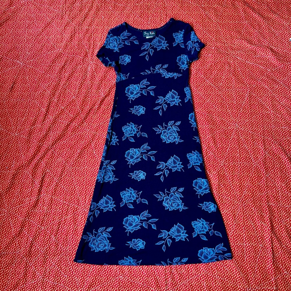 Jazz Navy Blue Floral Rose Print Short Sleeve Empire Waist Maxi Dress Med
